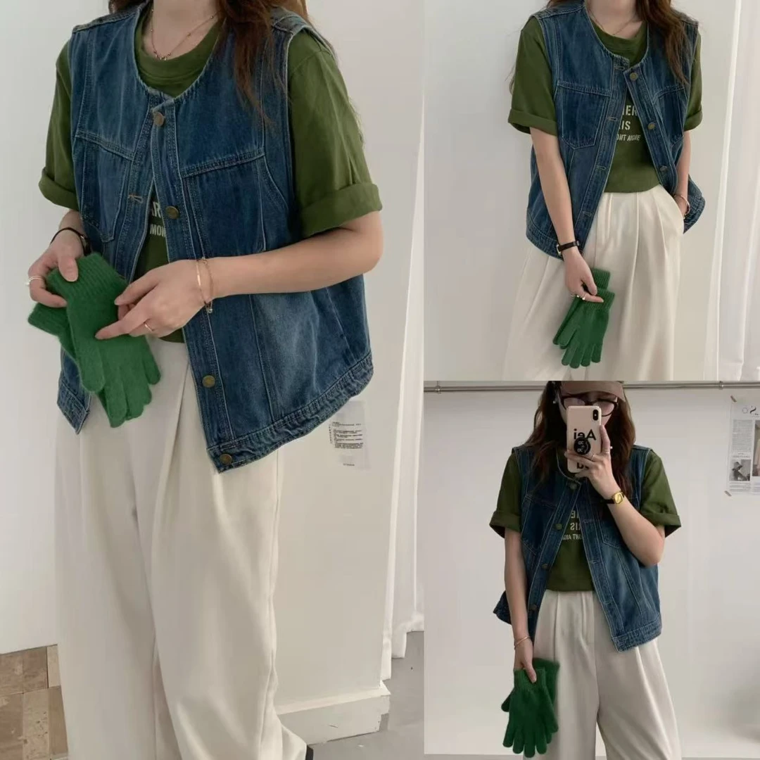 655#火蓝春秋新款浅蓝色圆领牛仔马甲背心女短款宽松无袖外套马夹
