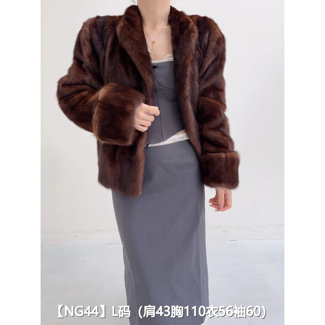 【NG44】L 焦糖棕超短款全抽貂皮水貂外套女 翻立领挽袖 07044