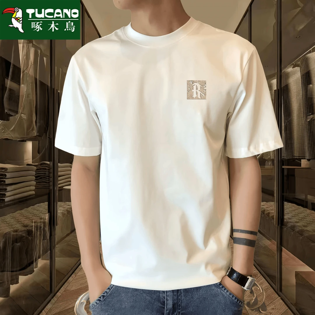 啄木鸟2025夏季纯棉短袖t恤男潮流宽松圆领上衣服打底衫全棉半袖t