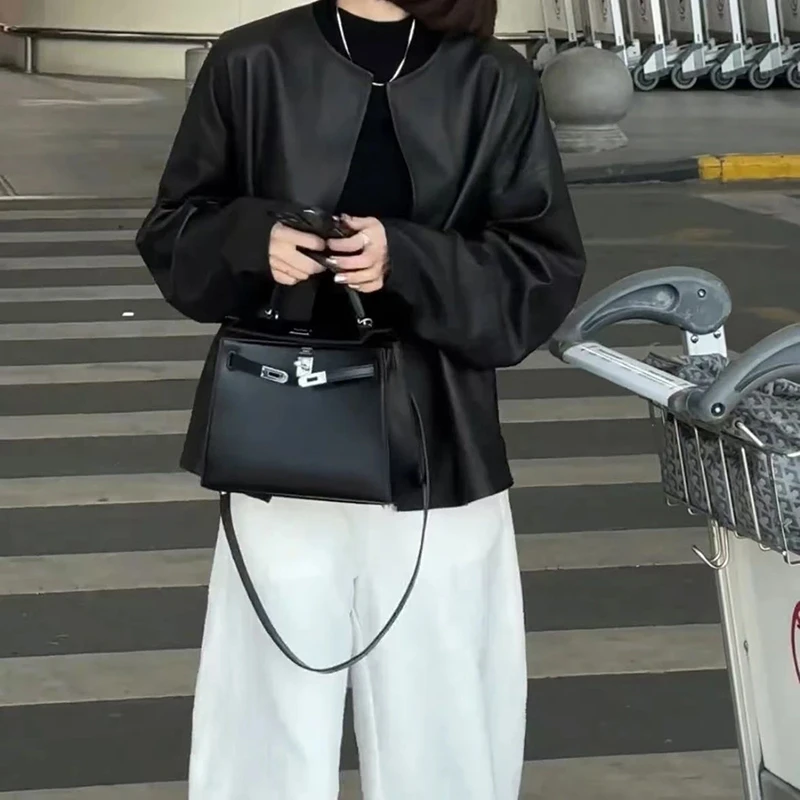 2025春季新款时尚显瘦气质女洋气两件套薄款机车皮衣夹克裤子套装