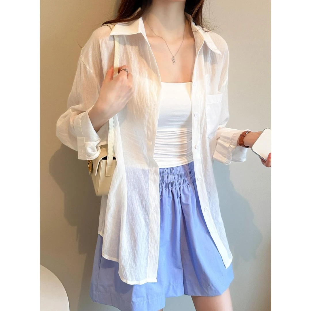 S064#实拍实价 夏季冰丝防晒衬衫女薄款法式2024宽松开衫上衣