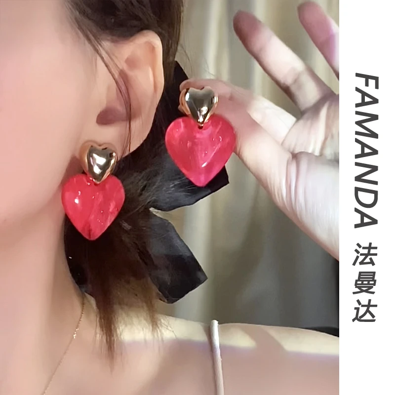 法曼达 铜合金树脂耳饰 【桃桃爱恋】玫红色爱心高品质桃心耳环