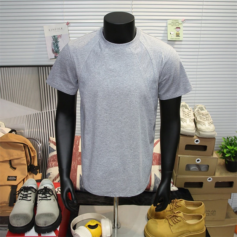 夏季空气棉正肩短袖男美式休闲复古小领口螺纹拼接T恤休闲体恤衫