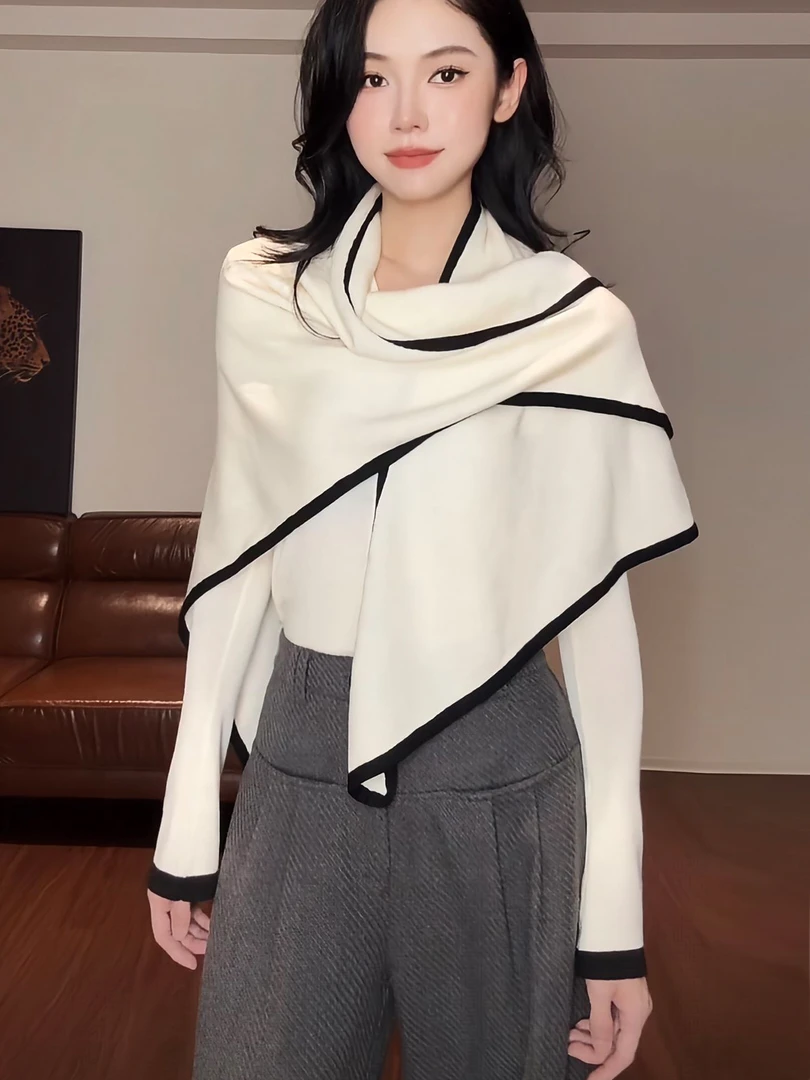 巨好看的早秋套装女装2025新款韩版时尚撞色三角披肩针织衫两件套