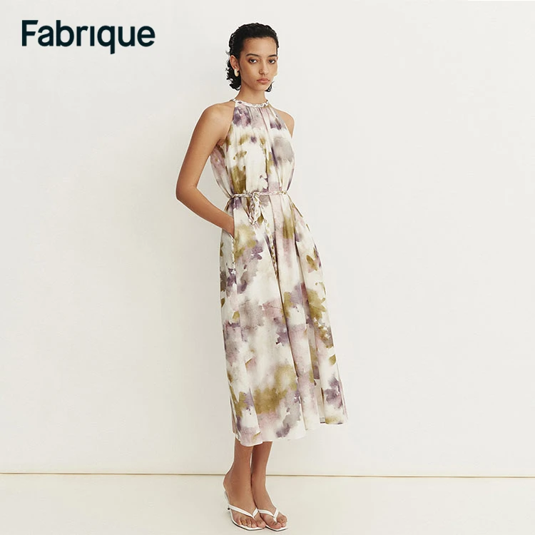 Fabrique春夏新款青梅裙晕染印花桑蚕丝棉编织领A型气质连衣裙女