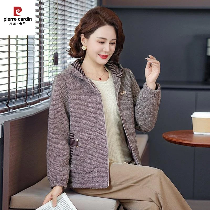 皮尔卡丹中年妈妈春秋装仿水貂绒短款外套中老年女装秋冬休闲加厚