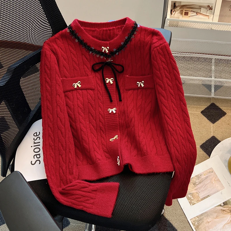 圆领麻花毛衣红色新年战袍女装高级感长袖针织上衣小香风开衫外套