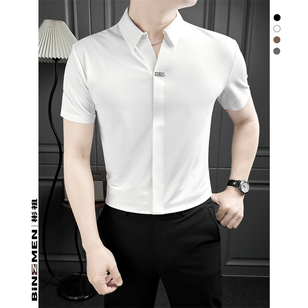 V领轻薄男士polo衫轻奢高级感弹力暗纹夏季短袖男t恤行政商务男装
