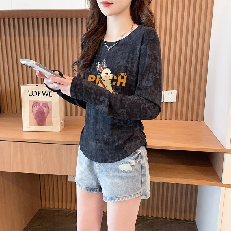 小众扎染圆领打底T恤女早秋季爆款时尚网红洋气炸街长袖收腰上衣