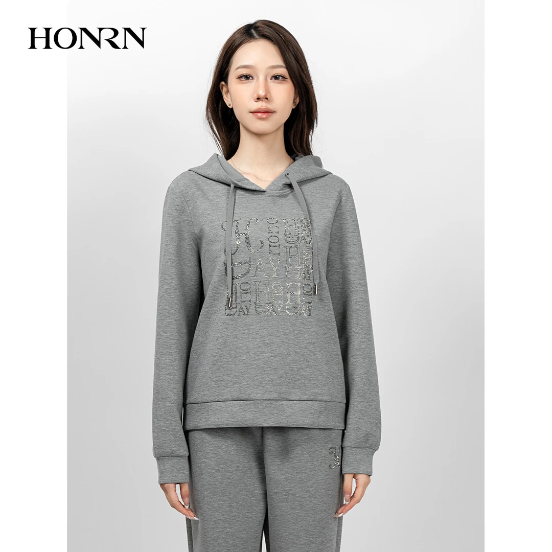 HONRN/红人宽松灰色烫钻连帽长袖套头卫衣上衣女春秋HK39SY032