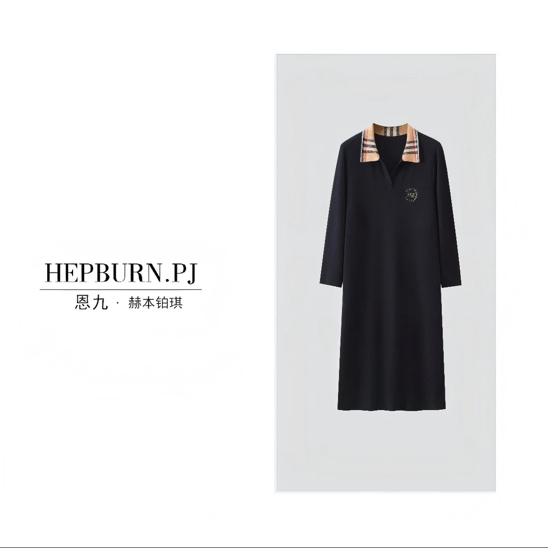 【贵夫人专属1】HB9019鎏金宝利POLO“墨蓝格华贵”2025冬连衣裙气质