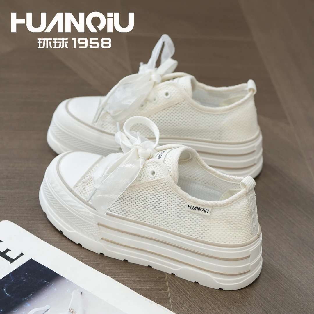HUANQIU/环球2025夏季网面透气板鞋厚底增高学生韩版女ins休闲鞋
