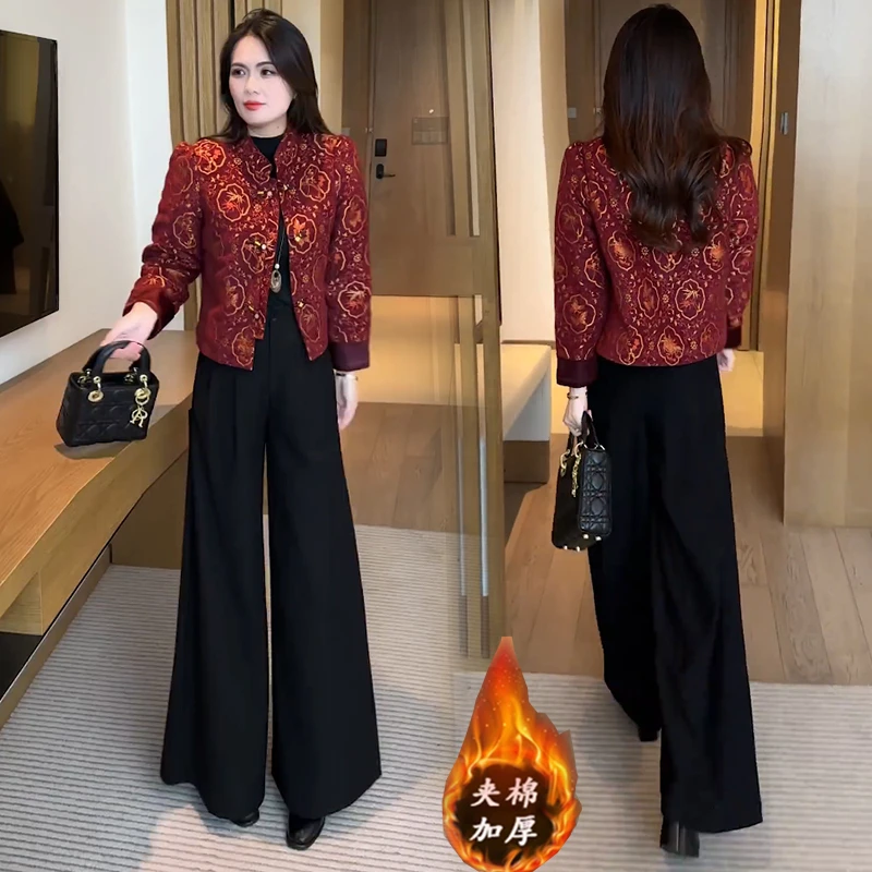 新中式提花盘扣棉服女士冬季新款洋气小个子短款棉袄加厚保暖外套