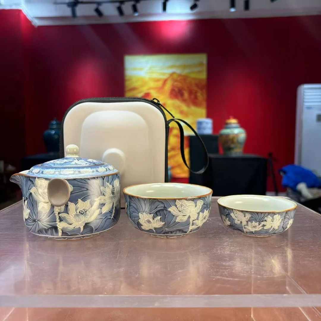 秋香茶具 掐银丝蓝彩荷花双耳旅行茶具户外便携式旅行茶具-6012