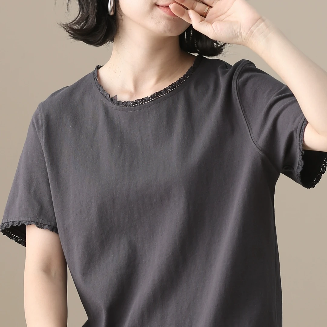 左耳左岸镂空领纯棉T恤衫女2025夏新款短袖纯色休闲宽松百搭上衣