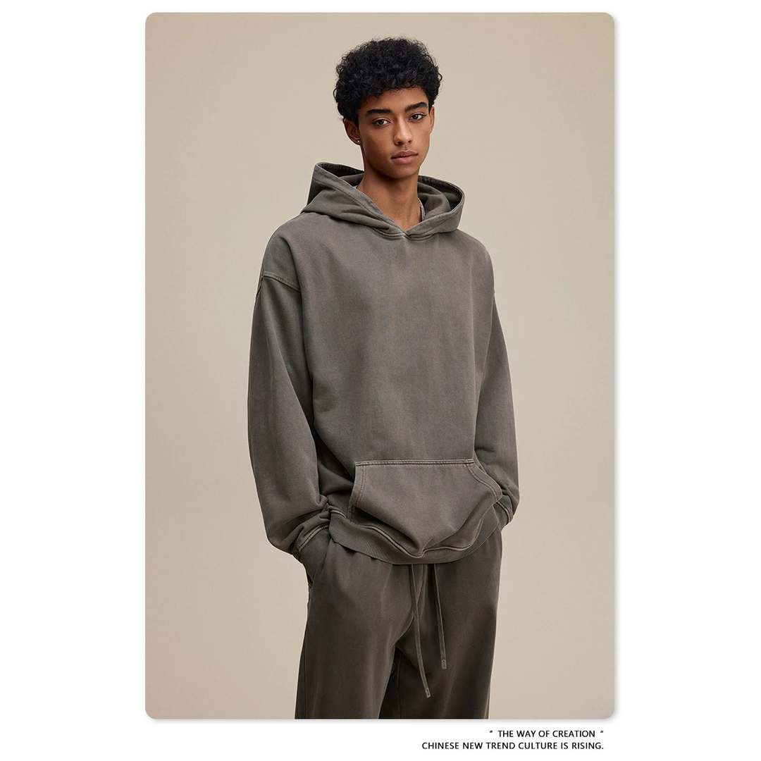 WetGrade480G复古蜡染水洗碧纹做旧宽松连帽卫衣2025美式重磅上衣