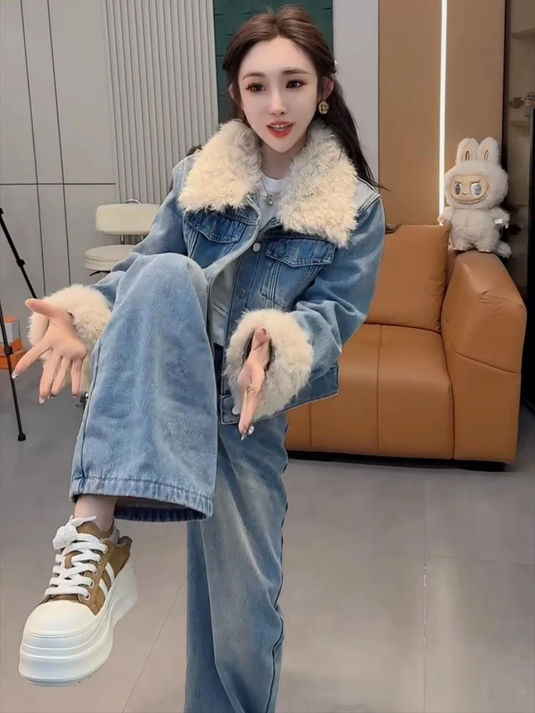 INS风时尚套装翻领牛仔加绒加厚蓝色秋冬短款裤子上衣两件套
