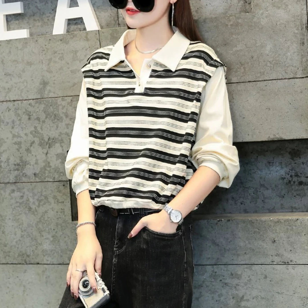 6111#拼接假两件条纹卫衣女秋装2025新款短款抽绳上衣