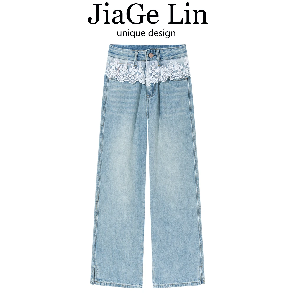 JiaGeLin韩系花边拼接阔腿牛仔裤女春设计感redfire牛仔裤