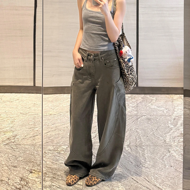 美式复古军绿色工装弯刀牛仔裤女秋季高腰宽松阔腿梧桐镰刀长裤子