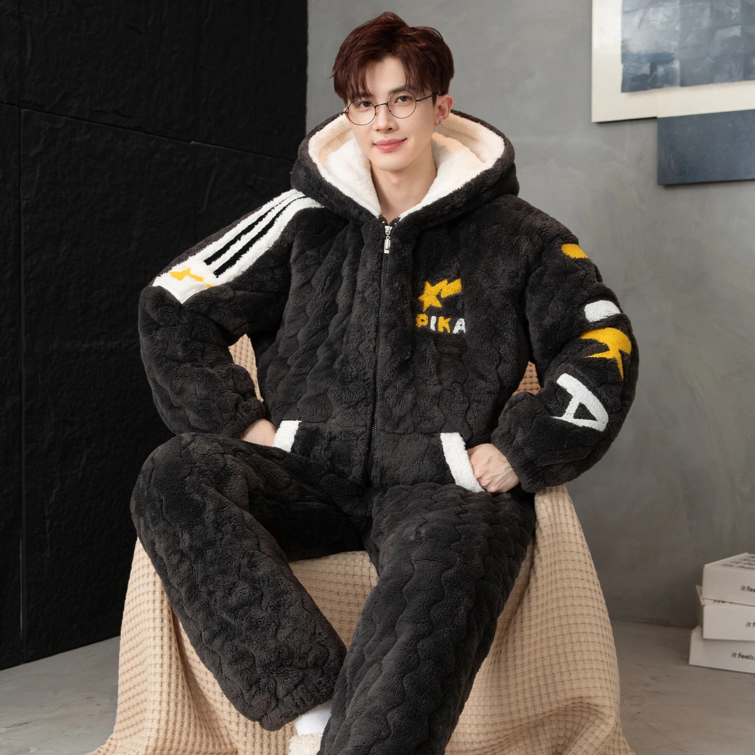 男士睡衣冬季2025年新款珊瑚绒三层夹棉法兰绒大码保暖家居服套装