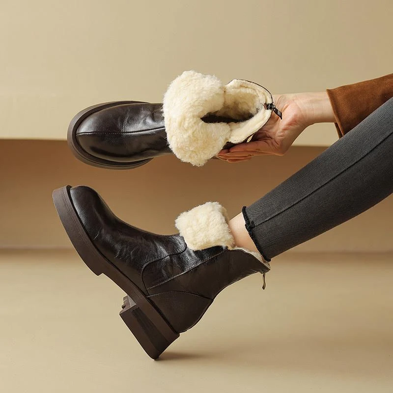 厚底雪地靴女圆头粗跟后拉链短靴冬季真皮加厚保暖马丁靴复古百搭