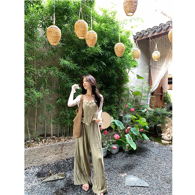 套装女2025新款气质撞色修身显瘦背心吊带休闲直筒裤韩版系带开衫