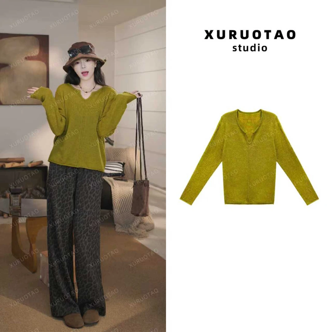 XURUOTAO 【天鹅颈】绵羊毛莱赛尔V领针织设计显瘦绿色上衣 T5651