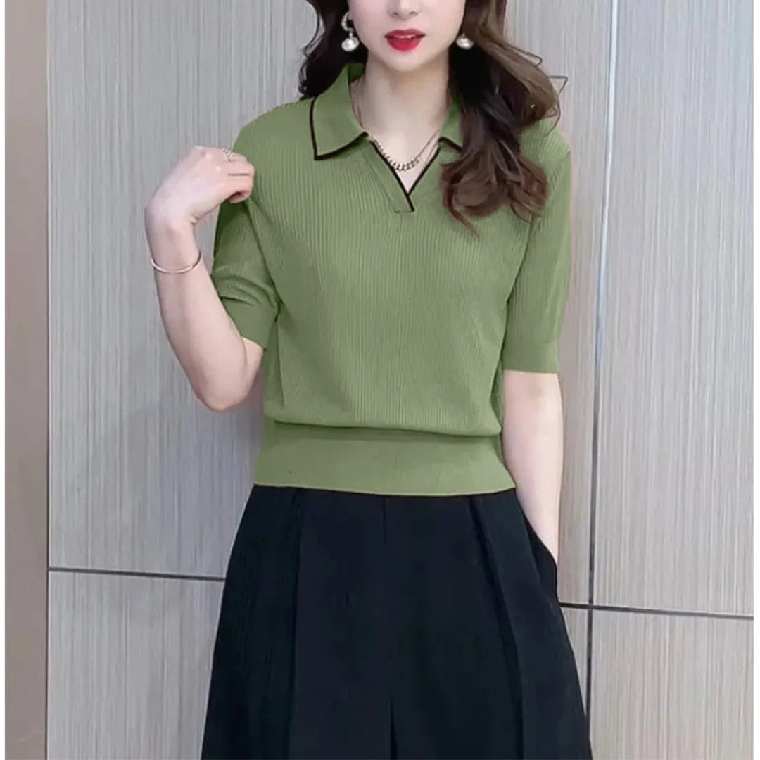 夏季新款拼色中袖宽松显瘦针织衫女时尚polov领五分袖上衣薄款