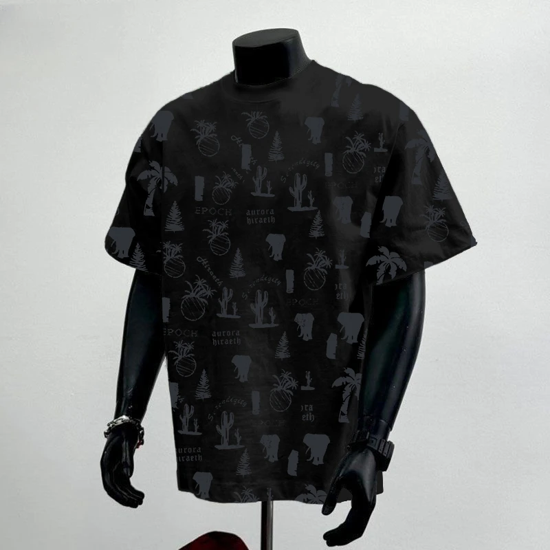 夏季新款高端印花短袖t恤男宽松大码打底衫日常休闲百搭港风上衣