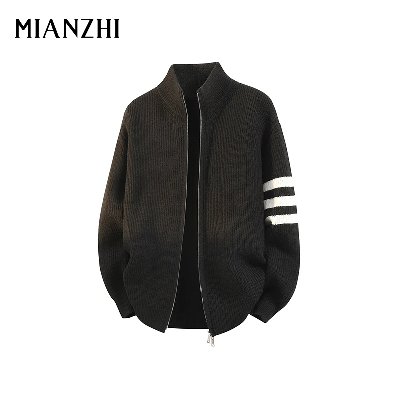 棉致美式复古针织开衫毛衣男春秋季保暖宽松百搭条纹休闲立领外套