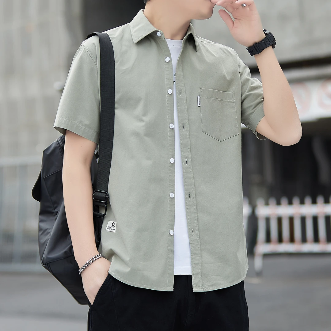 夏季新款纯棉短袖衬衫男士韩版修身青年帅气百搭宽松潮流纯色衬衣