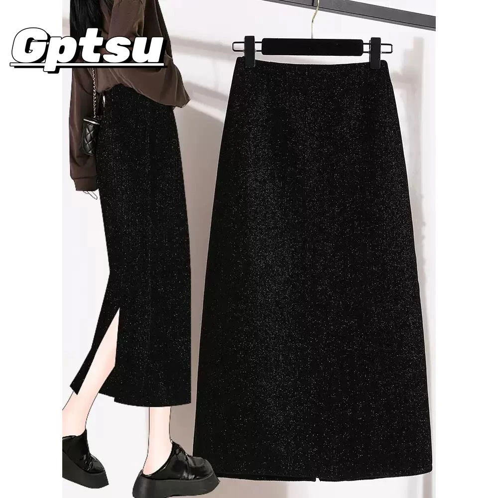 GPTSu高级感黑色亮片半身裙女大码冬季款胖中长款高腰字包臀裙