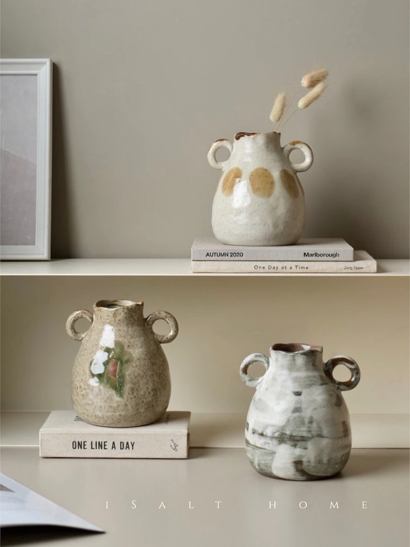 Yoki粗陶手作双耳花瓶客厅摆件复古轻奢高级花器可水培