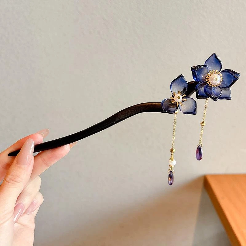 中国古风步摇发簪国风新中式盘发钗子高级感檀木优雅汉服流苏头饰