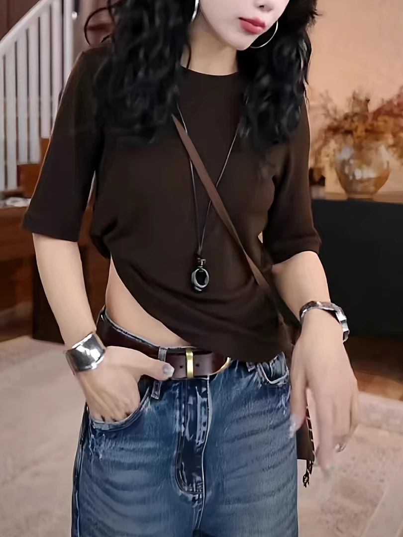 韩系早秋圆领咖色中袖T恤女打底衫百搭休闲纯棉简约显瘦内搭上衣