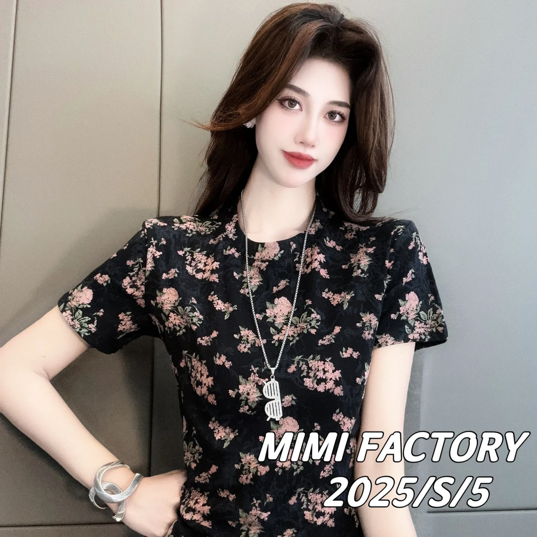 2025新款短袖 欧货满印花卉时尚短袖T恤女修身显瘦内搭3531#
