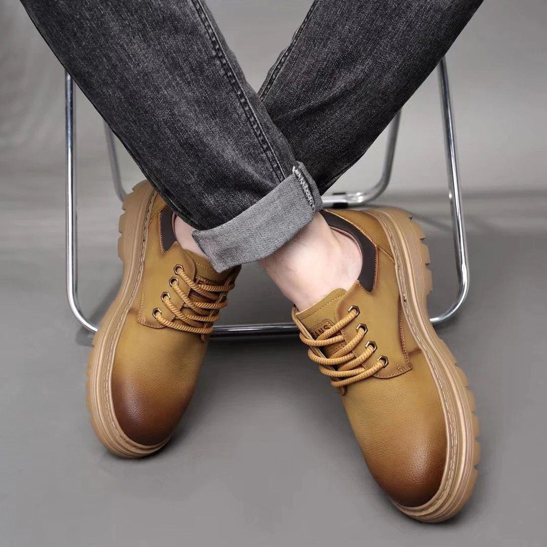 欧美风工装鞋秋冬大黄靴运动风户外圆头增高复古纯色英伦风休闲