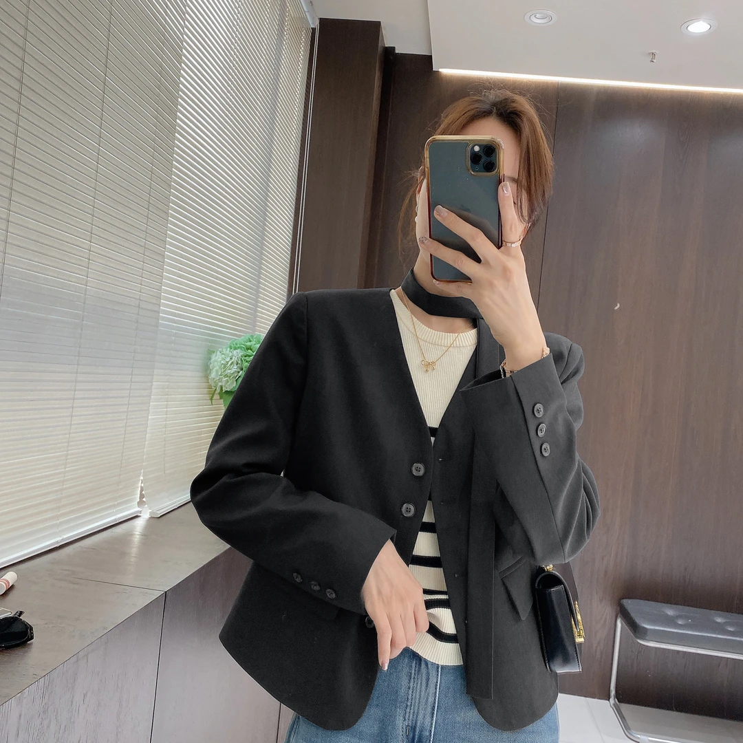 IMFLY金小金自制女装  飘带西装DYW8695春季气质V领短西服外套