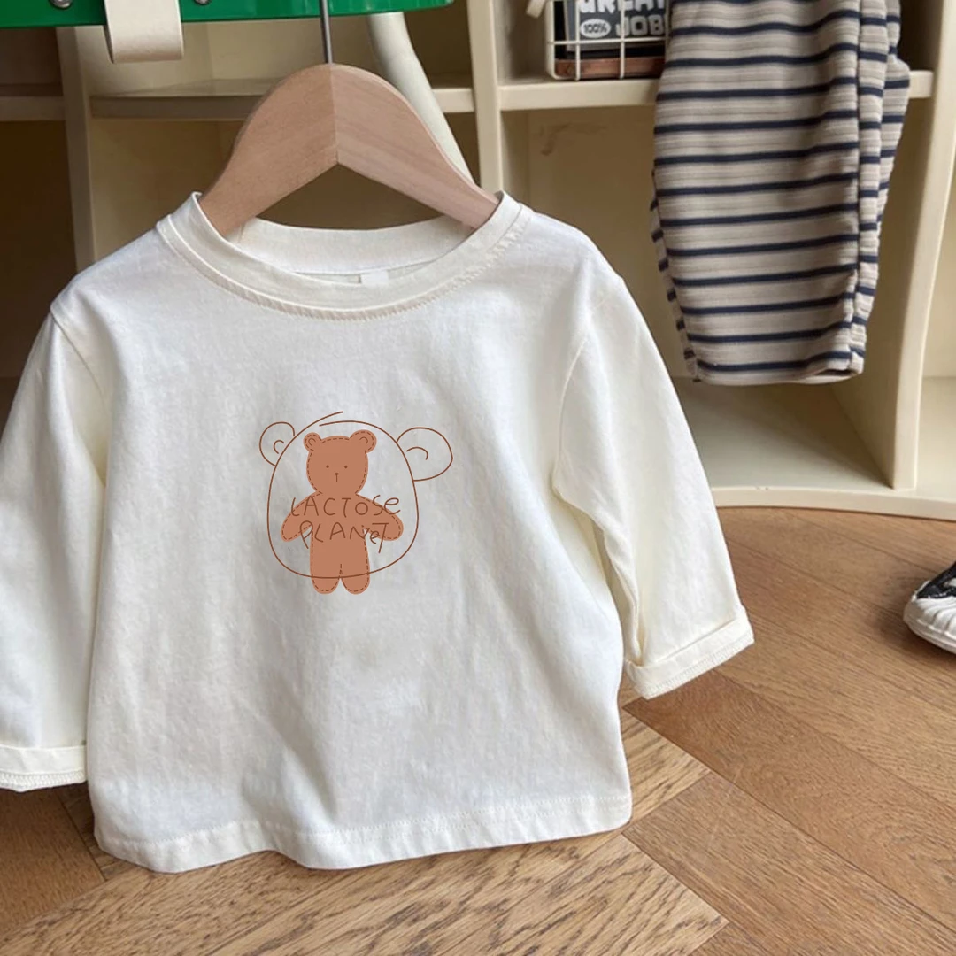 2025春秋新款100%棉儿童长袖t恤时尚白色印花上衣男女童打底衫潮T