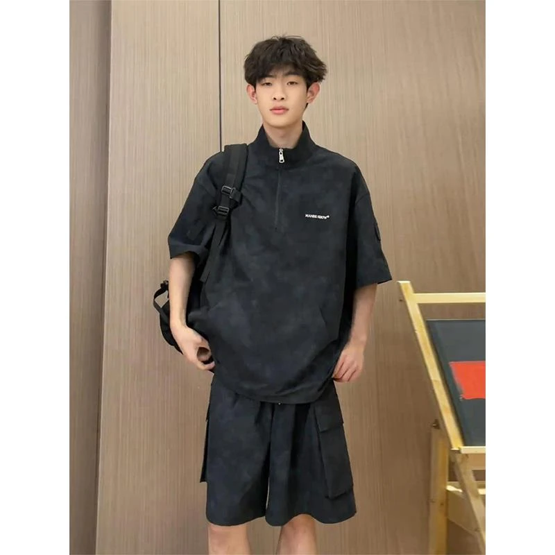 半拉链灰色扎染运动短袖t恤男生酷帅穿搭套装工装短裤夏季一整套