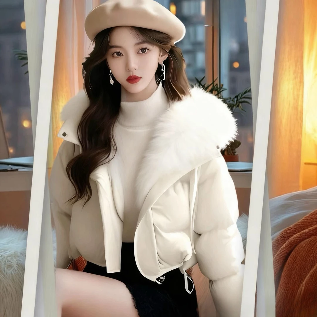 短款白色羽绒服女冬季小香风大毛领加厚保暖面包服外套高级感洋气