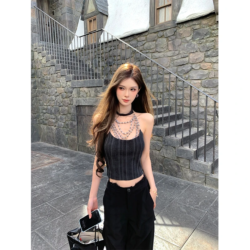 甜虾派 曼哈顿拾忆 设计感链条挂脖背心吊带女时尚辣妹短款上衣