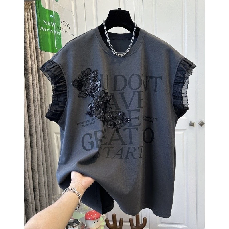 重工钉珠字母拼接网纱小飞袖短袖T恤女上衣宽松时尚圆领灰色夏季