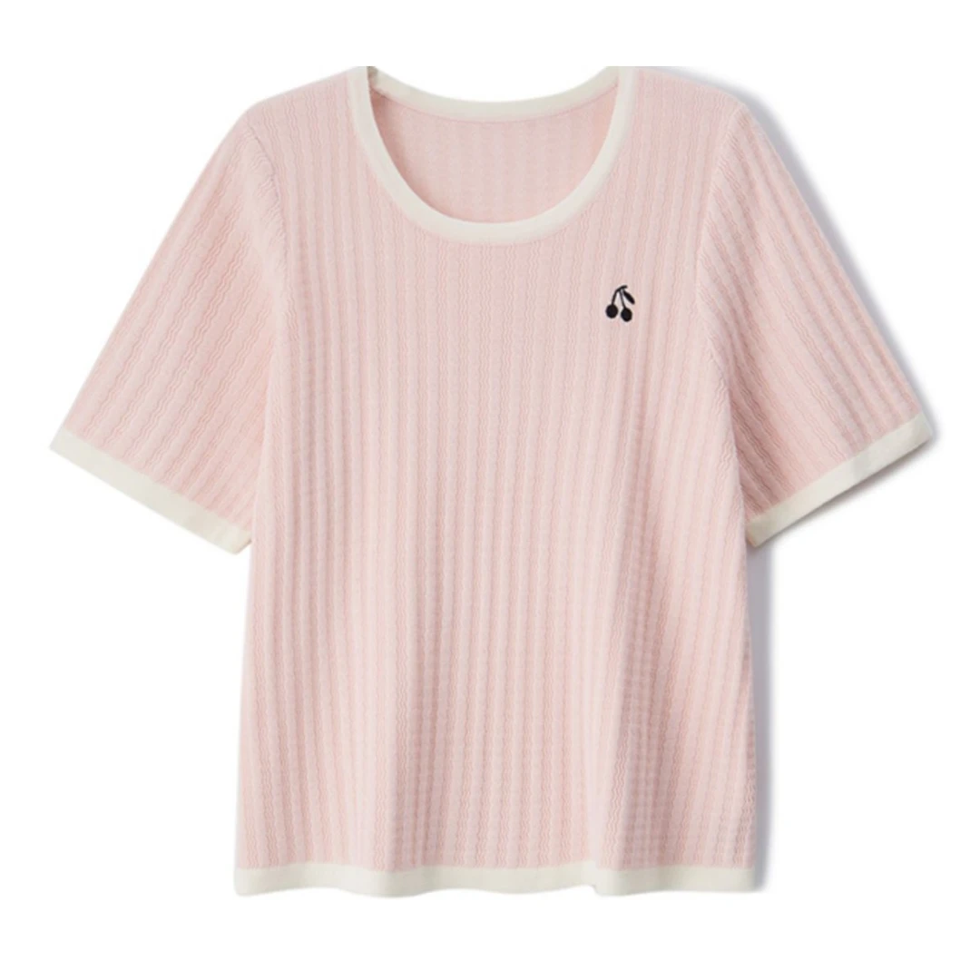 大码女装圆领减龄撞色T恤胖妹妹夏季百搭气质甜美针织衫短袖2112