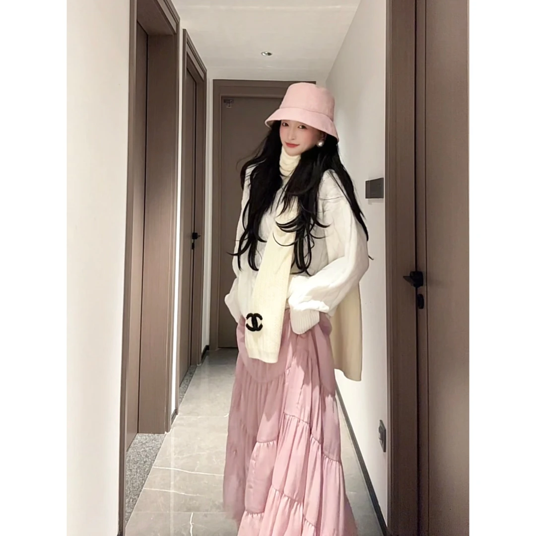 秋季温柔少女感穿搭慵懒感毛针织衫上衣~大裙摆半身裙套装B105