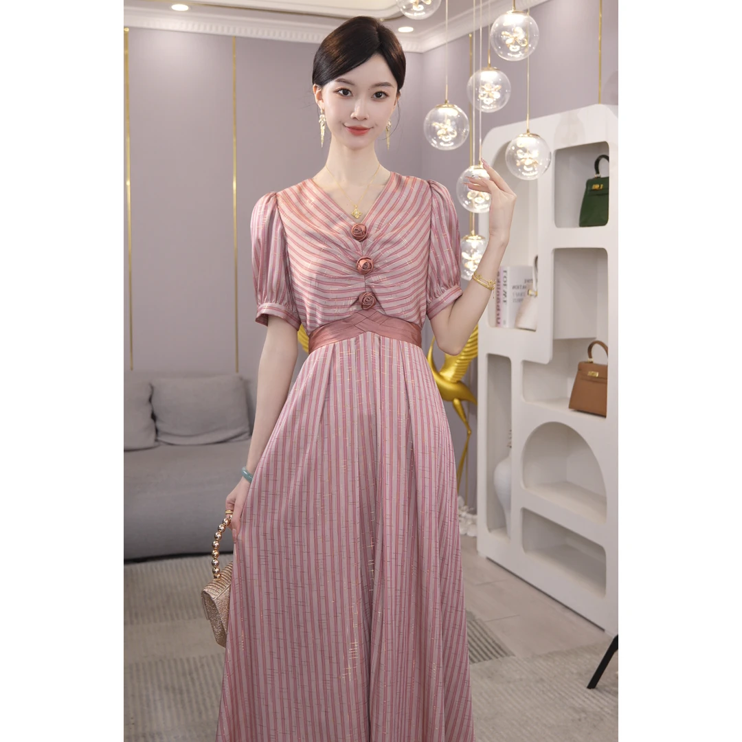 2025夏季款【LT-1126】收腰显瘦中长款聚会穿高级感缎光条纹连衣裙