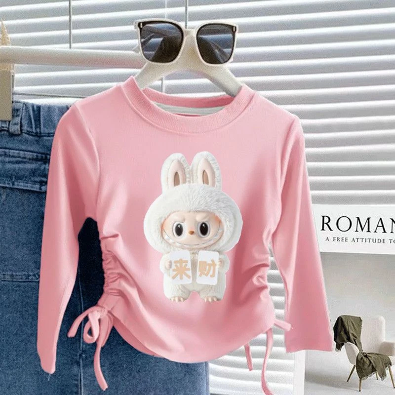 新中式女童新款日系质优t恤短袖上衣夏季洋气抽绳设计中大童半袖-