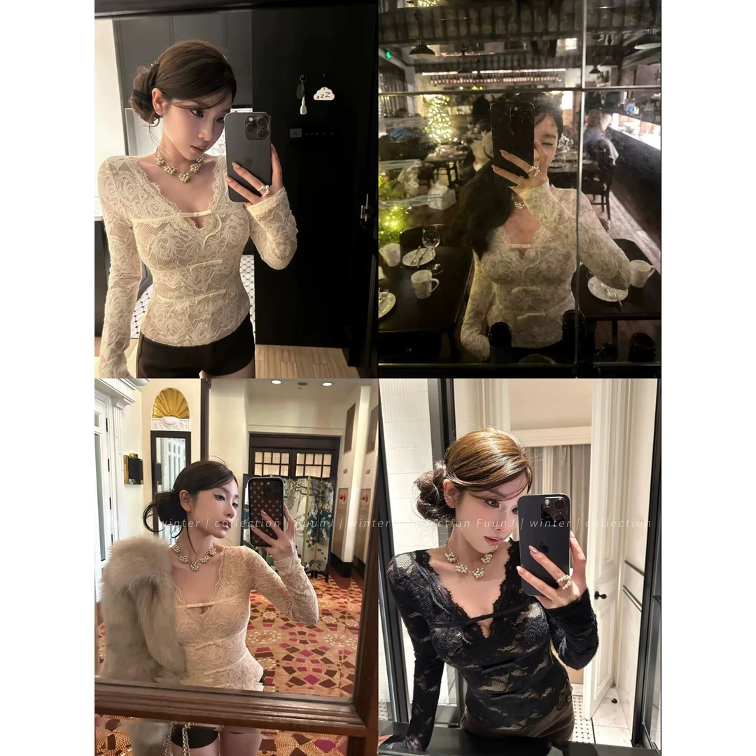 FuunJ独宠预谋收腰设计感蝴蝶结V领蕾丝打底衫女纯欲内搭1265沐