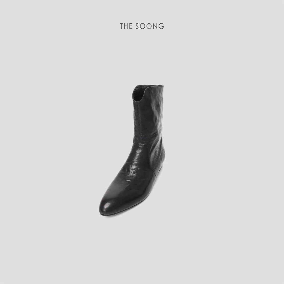 THESOONG|"进口手抓小牛皮自然皮革纹理尖头靴HWXZ7790
